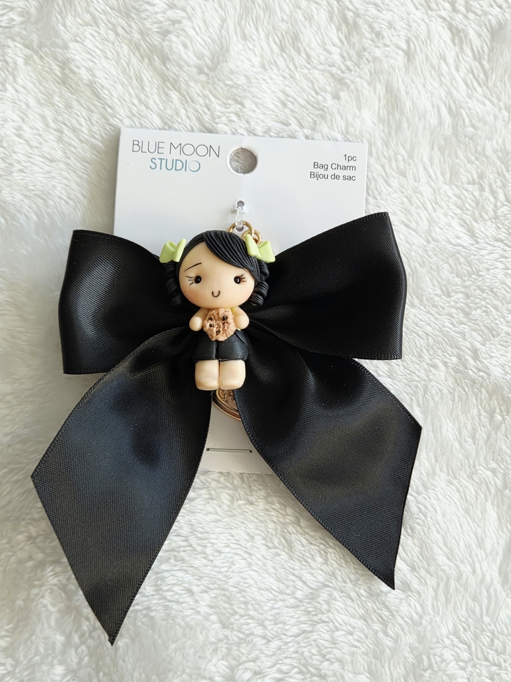 Black Bow Clay Doll With Cookie Bag Charm Adorable Keychain